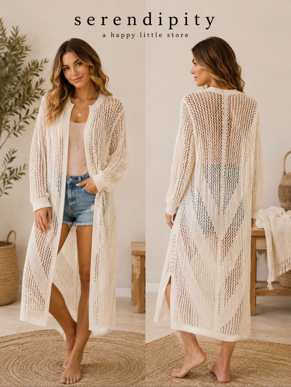 Serendipity Ivory Open Knit Duster Cardigan Boho Beach Cover Up Size XL
